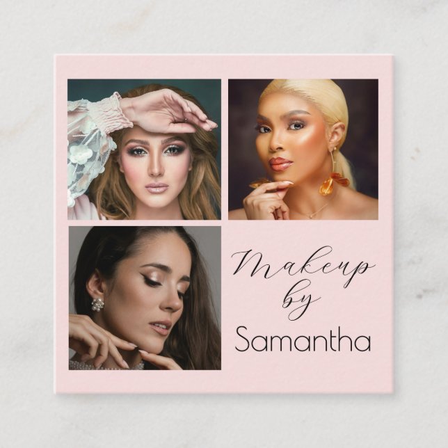 Cartão De Visita Quadrado Elegant Blush Pink Black Script 3 Photo Makeup (Frente)
