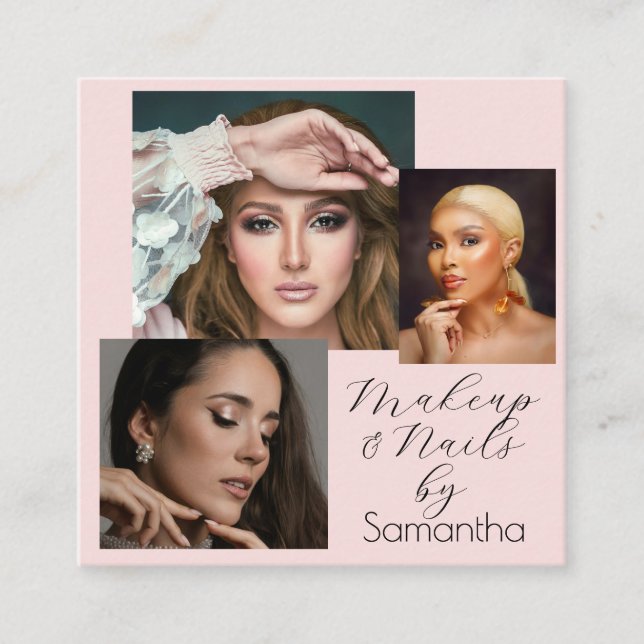 Cartão De Visita Quadrado Elegant Blush Pink Black Script 3 Photo Makeup  (Frente)
