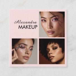 Cartão De Visita Quadrado Elegant Blush Pink Black Script 3 Photo Makeup