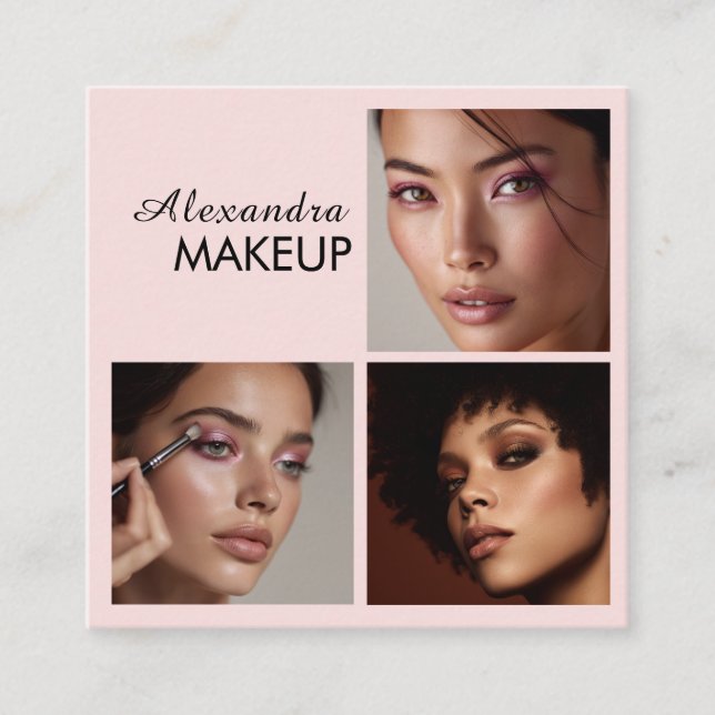 Cartão De Visita Quadrado Elegant Blush Pink Black Script 3 Photo Makeup (Frente)