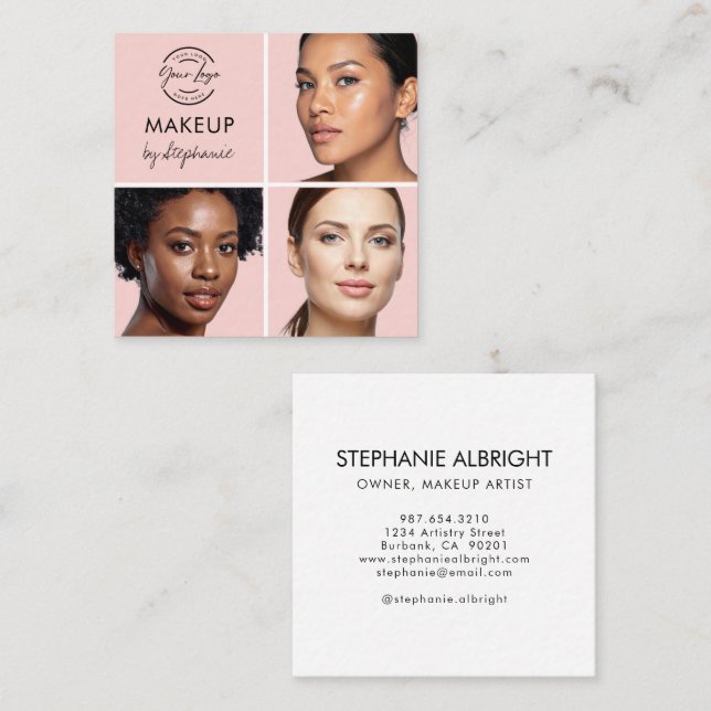 Cartão De Visita Quadrado Elegant Blush Pink Black Script 3 Photo Makeup (Frente/Verso)