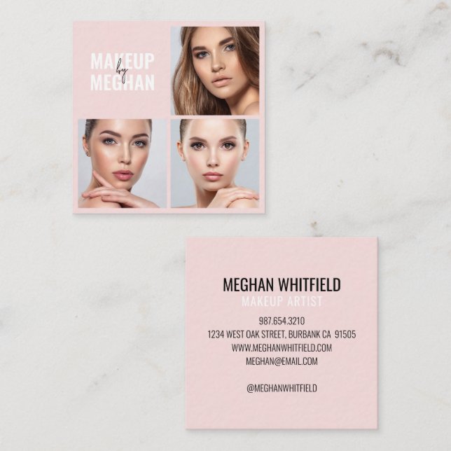 Cartão De Visita Quadrado Elegant Blush Pink Black Script 3 Photo Makeup (Frente/Verso)