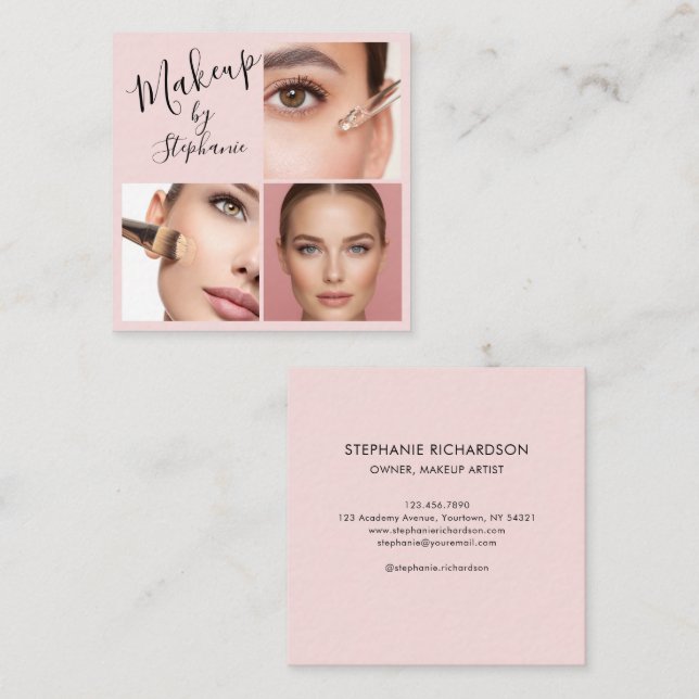 Cartão De Visita Quadrado Elegant Blush Pink Black Script 3 Photo Makeup (Frente/Verso)