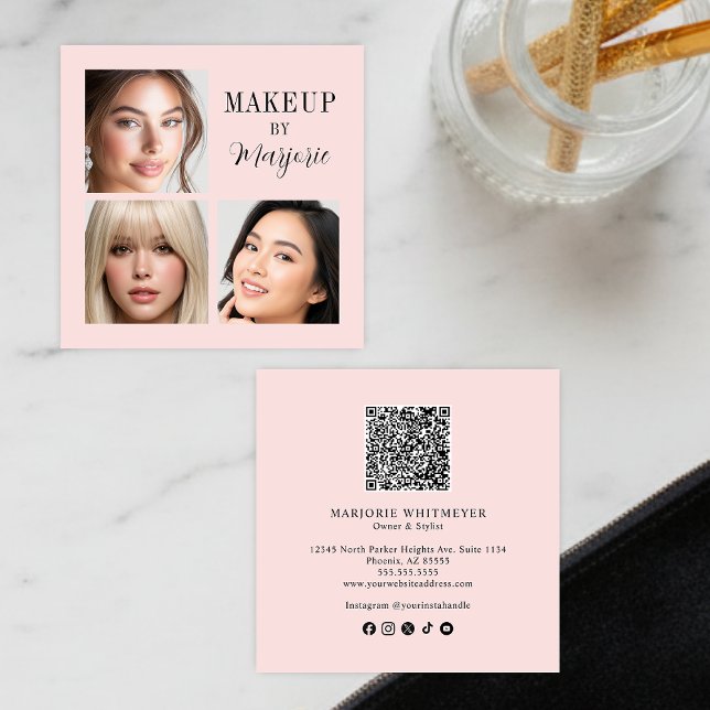 Cartão De Visita Quadrado Elegant Blush Pink Black Script 3 Photo Makeup (modern black blush pink script 3 photo makeup square business card elegant minimalist simple)