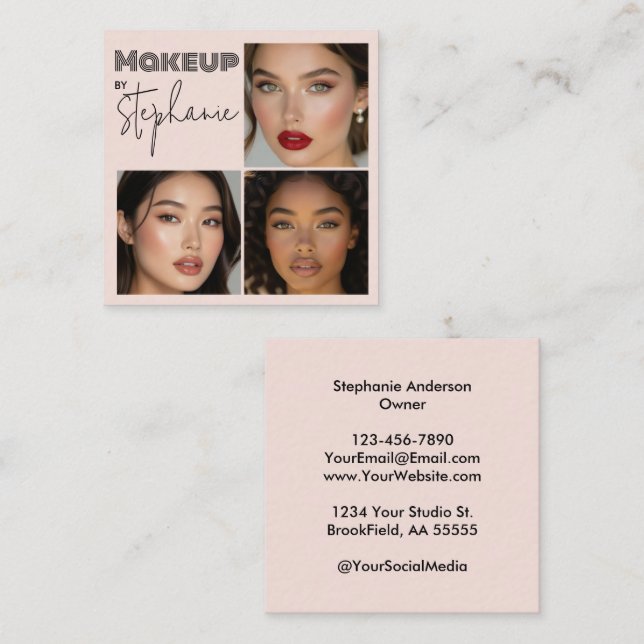 Cartão De Visita Quadrado Elegant Blush Pink Black Script 3 Photo Makeup (Frente/Verso)