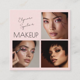 Cartão De Visita Quadrado Elegant Blush Pink Black Script 3 Photo Makeup