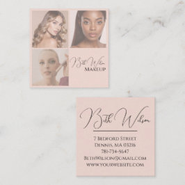 Cartão De Visita Quadrado Elegant Blush Pink Black Script 3 Photo Makeup Squ