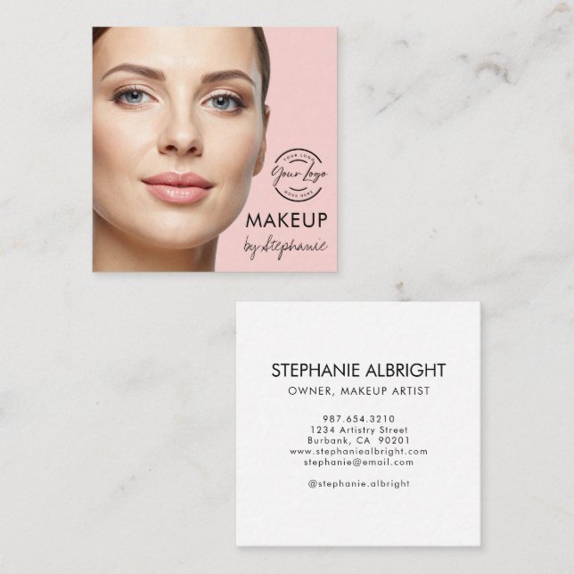 Cartão De Visita Quadrado Elegant Blush Pink Black Script Photo Makeup (Frente/Verso)