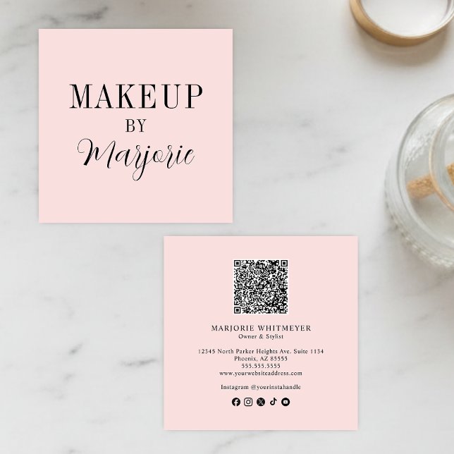 Cartão De Visita Quadrado Elegant Blush Pink Black Script QR Code Makeup (modern black blush pink script photo makeup square business card elegant minimalist simple)