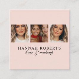Cartão De Visita Quadrado Elegant Blush Pink Script 3 Photo Hair Makeup