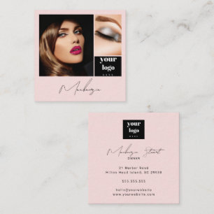 Cartão De Visita Quadrado Elegant Blush Rosa Preto Script 3 Foto Maquiagem