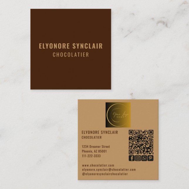 Cartão De Visita Quadrado Elegant Brown Chocolatier Social Logo QR Code  (Frente/Verso)