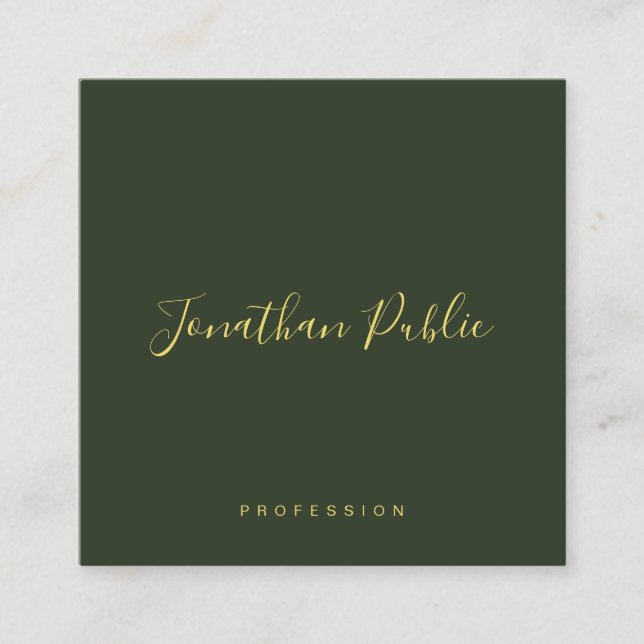 Cartão De Visita Quadrado Elegant Dark Green Gold Text Calligraphy Glossy (Frente)