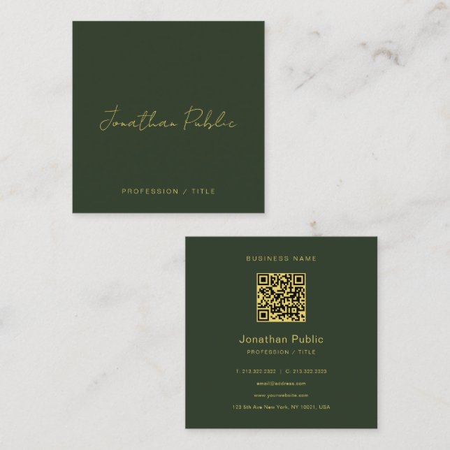 Cartão De Visita Quadrado Elegant Green Handwritten Script Gold Text QR Code (Frente/Verso)