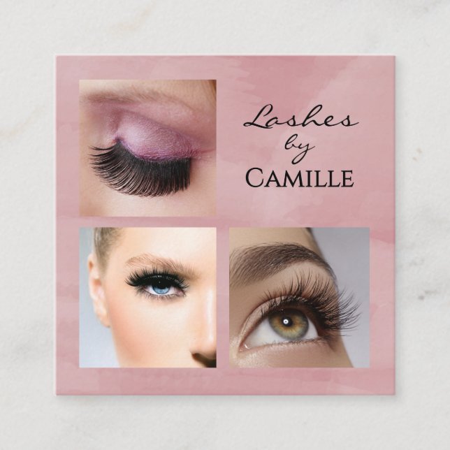 Cartão De Visita Quadrado Elegant Pink Black Script 3 Photo Makeup (Frente)