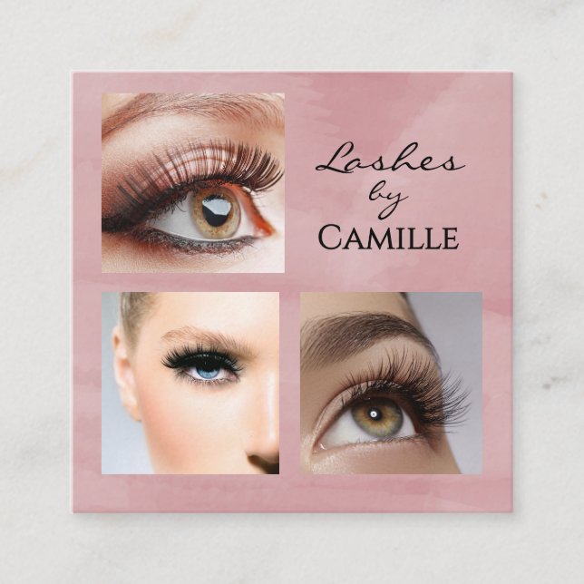 Cartão De Visita Quadrado Elegant Pink Black Script 3 Photo Makeup (Frente)