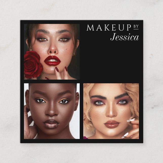 Cartão De Visita Quadrado Elegant Typography Black 3 Photo Makeup (Frente)