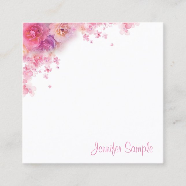 Cartão De Visita Quadrado Elegante Aquarela Flores Modernas Modelo Florais M (Frente)