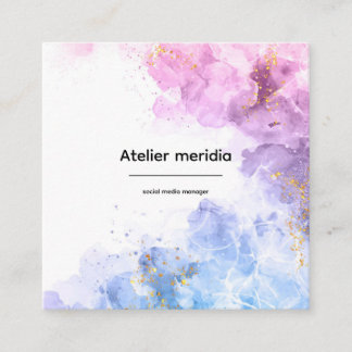 Cartão De Visita Quadrado Elegante Aquarela Rosa Azul Dourado Mídia Social