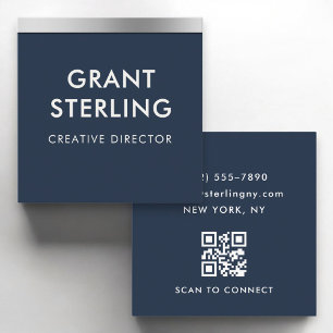 Cartão De Visita Quadrado Elegante Azul Naval Metálico Código QR Profissiona