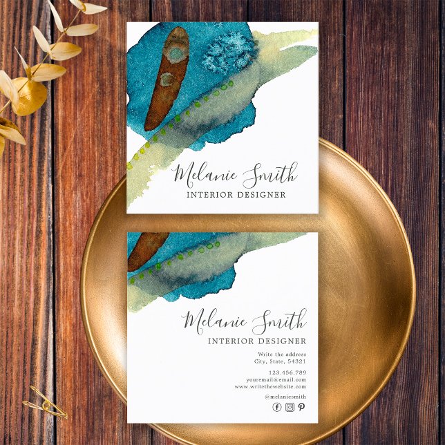 Cartão De Visita Quadrado Elegante Blue Abstrato Watercolor Designer (Front and Back)