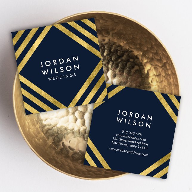 Cartão De Visita Quadrado Elegante Blue Faux Dourado Square Lines Geométrico (Criador carregado)