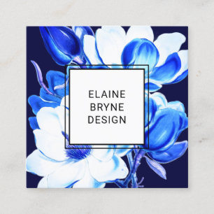 Cartão De Visita Quadrado Elegante Blue Watercolor Magnolia Floral Square Sq