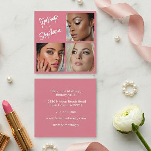 Cartão De Visita Quadrado Elegante Blush Rosa Preto Script 3 Foto Makeup