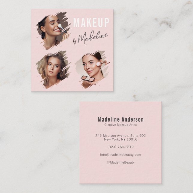 Cartão De Visita Quadrado Elegante Blush Rosa Preto Script 3 Foto Maquiagem (Frente/Verso)
