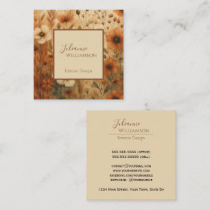 Cartão De Visita Quadrado Elegante Boho Chic Floral Aguarela Sienna Queimada