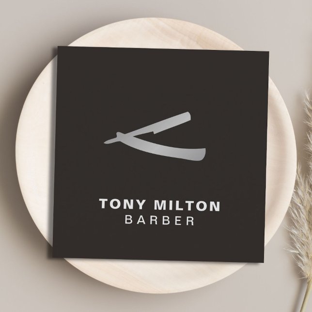 Cartão De Visita Quadrado Elegante branco esmagador Silver Razor Barber (Criador carregado)