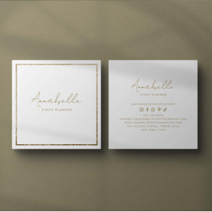 Cartão De Visita Quadrado Elegante Brilho Dourado e Moldura Branca Minimalis