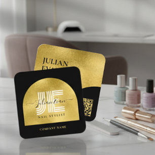 Cartão De Visita Quadrado Elegante Brilho Preto e Dourado Beleza