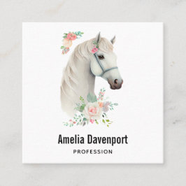 Cartão De Visita Quadrado Elegante Cavalo Branco Boho Floral