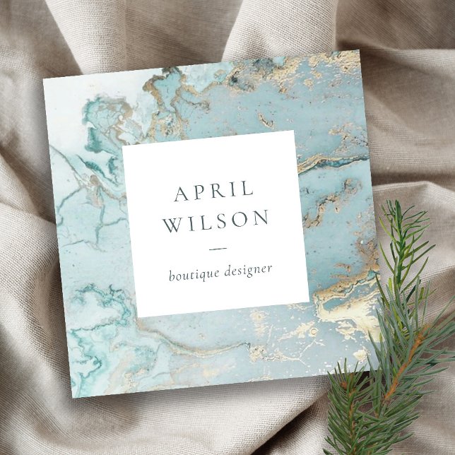 CARTÃO DE VISITA QUADRADO ELEGANTE CLASSY AQUA DUSKY BLUE DOURADO AGATE GEOD (Criador carregado)