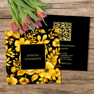 Cartão De Visita Quadrado Elegante código QR de flores pretas douradas profi