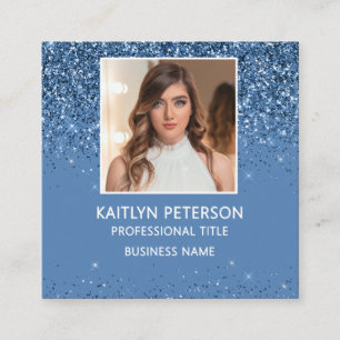 Cartão De Visita Quadrado Elegante Código QR de Foto com Glitter Azul Poeire