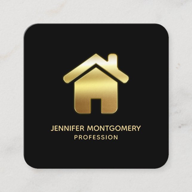 Cartão De Visita Quadrado Elegante Dourado House Símbolo Real Estate Design (Frente)