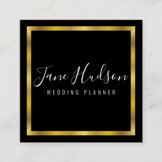 Cartão De Visita Quadrado Elegante Dourado Minimalista Negra Editável 2,5x2, (Frente)