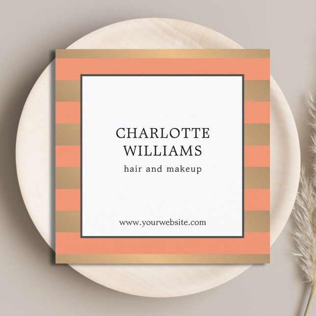 Cartão De Visita Quadrado Elegante Faux Dourado Stripes Beauty Consultor (Criador carregado)