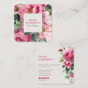Cartão De Visita Quadrado Elegante Floral Botânico de Aquarela Rosa