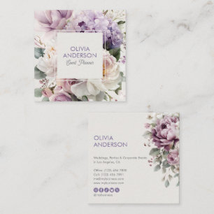 Cartão De Visita Quadrado Elegante Floral Botânico de Aquarela Roxo