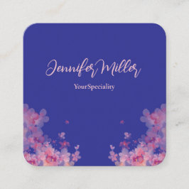 Cartão De Visita Quadrado Elegante floral em aquarela pastel azul naval  