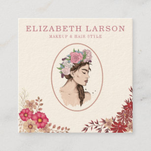 Cartão De Visita Quadrado Elegante Floral Listrado Beleza Artista Cabelo Maq