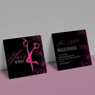 Cartão De Visita Quadrado Elegante Floral Preto e Rosa Salão de Beleza Cabel
