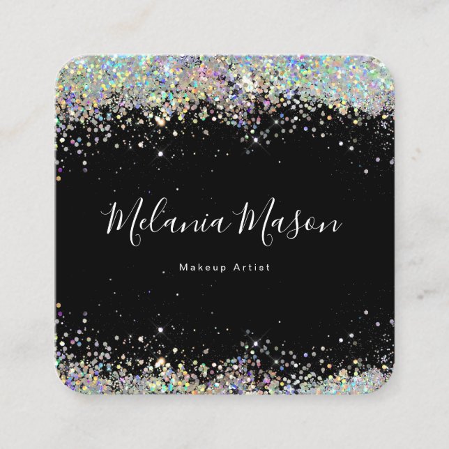 Cartão De Visita Quadrado Elegante Holográfico - Neve Nail Artista Negro (Frente)