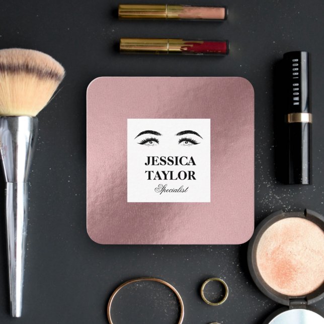 Cartão De Visita Quadrado Elegante lascas de pestana rosa-ouro rosa-rosa (Chic design for makeup artist - rose gold gradient color)