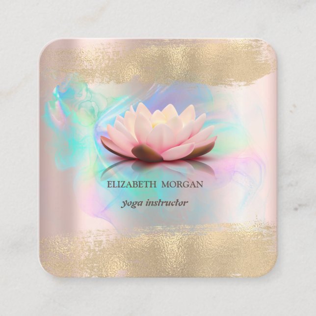 Cartão De Visita Quadrado Elegante Lotus Flor Dourado Traço Holográfico (Frente)