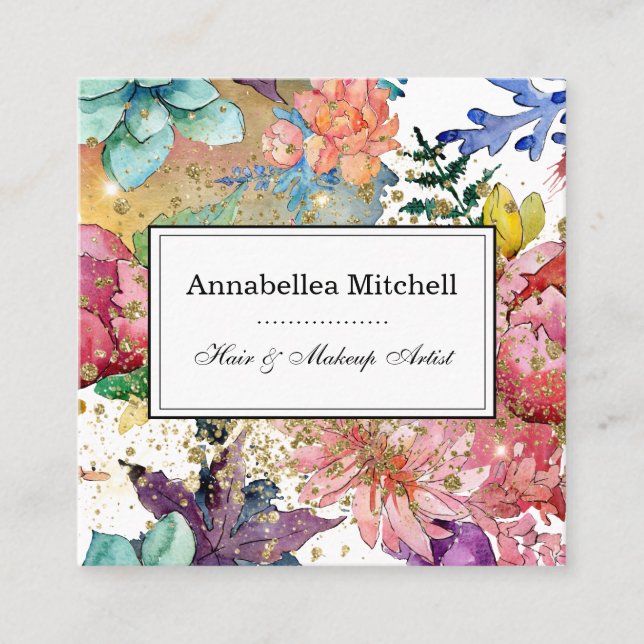 Cartão De Visita Quadrado Elegante Makeup Artist Hair Salon Flowers Glitter (Frente)