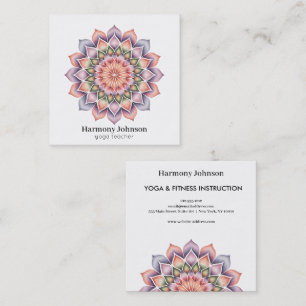 Cartão De Visita Quadrado Elegante Mandala Azul Rosa Logo Yoga Espiritual